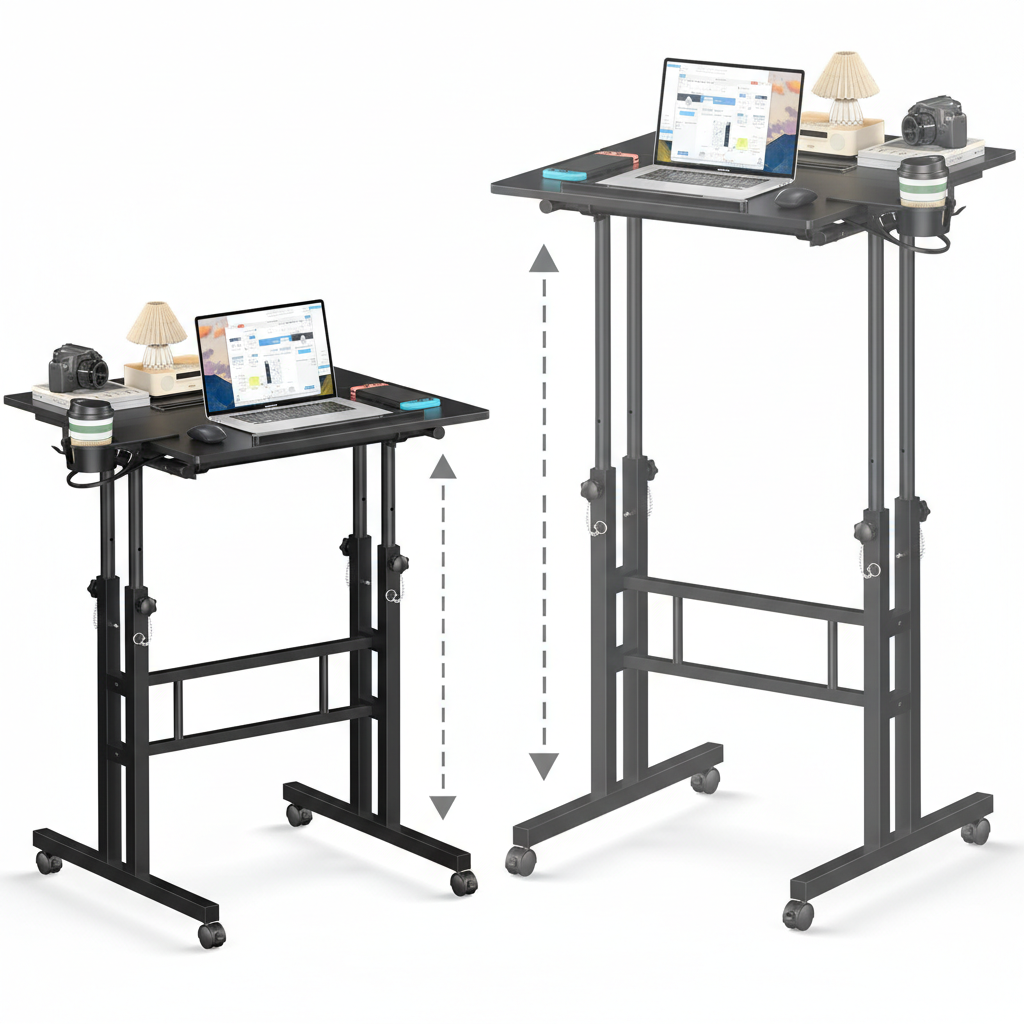 EDX Dual Desktop Height Adjustable Rolling Desk with Wheels, Treadmill Desk for Walking Pad, Mobile Computer Table with Cup Holder for Home Office Bedroom Living Room