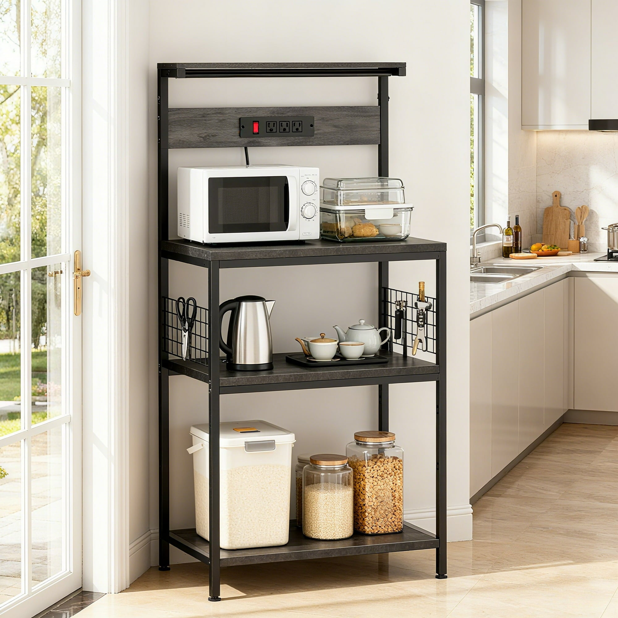 edx  Bakers Rack with 3 Power Outlets, 10 Hooks, Kitchen Microwave Stand, 4-Tier Coffee Bar Table, Space-Saving Kitchen Storage Shelf