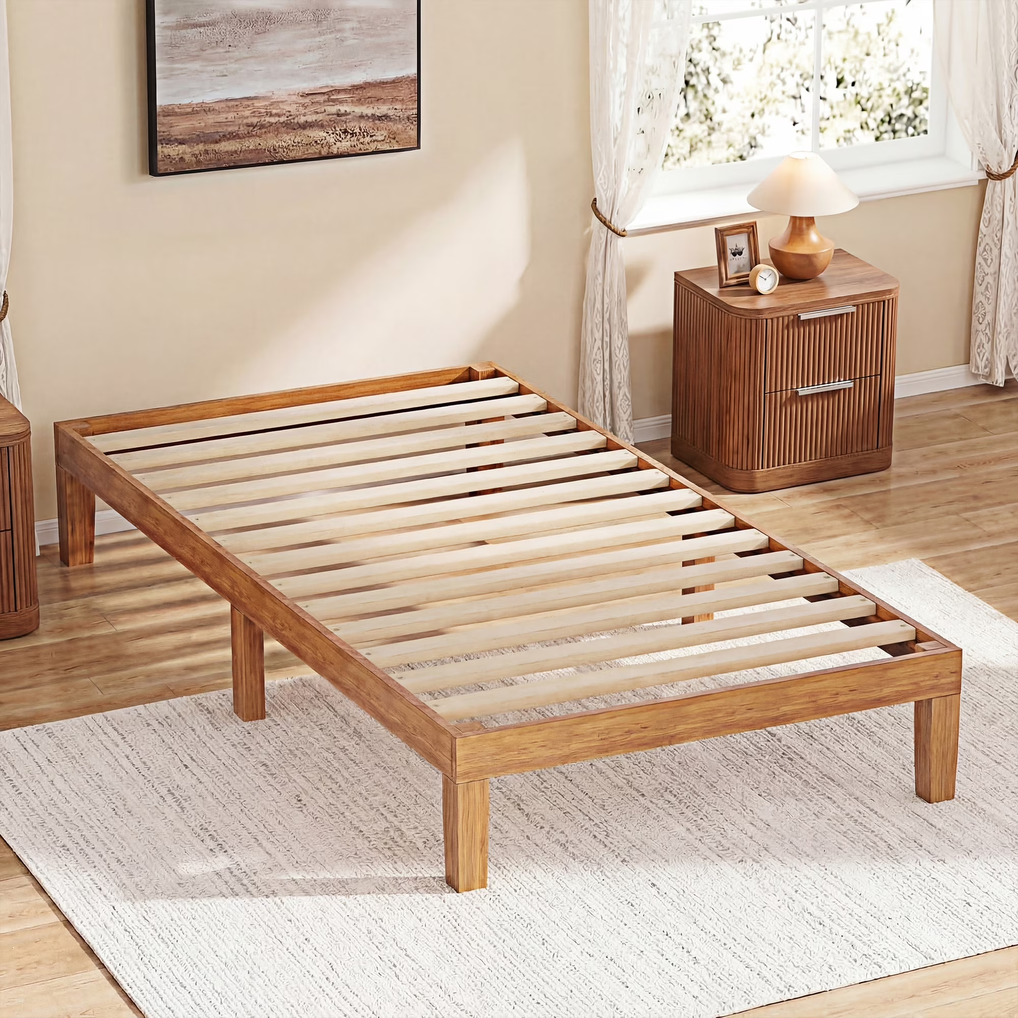ZUNMOS 12 IN Size Solid Wood Bed Frame with Wood Slat Support, Sturdy, No Box Spring Needed, Natural Pine