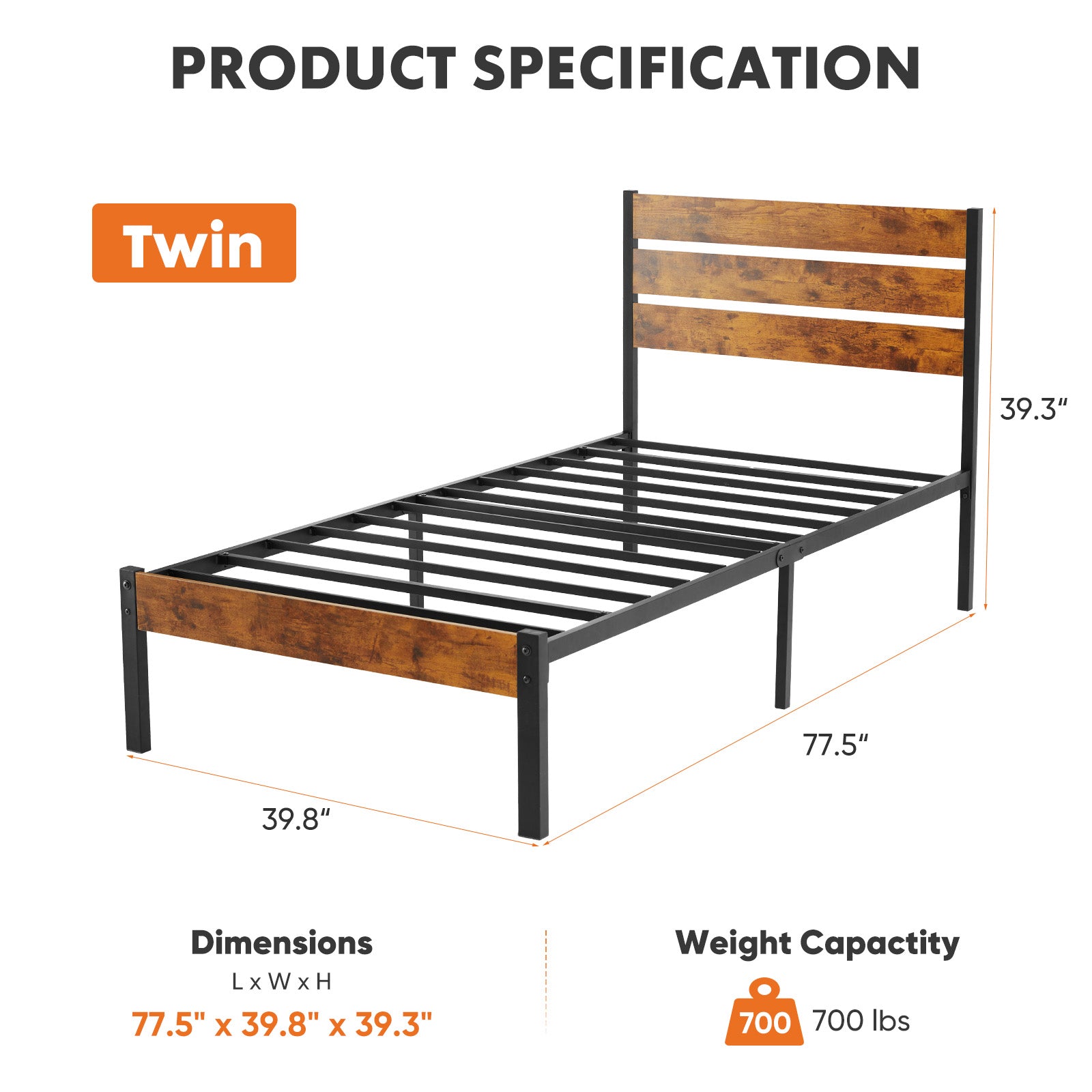 Metal Bed Frame with Industrial Wooden Headboard, Ample Storage, Noise-Free Design, Sturdy Steel Slat Support, Rustic Brown