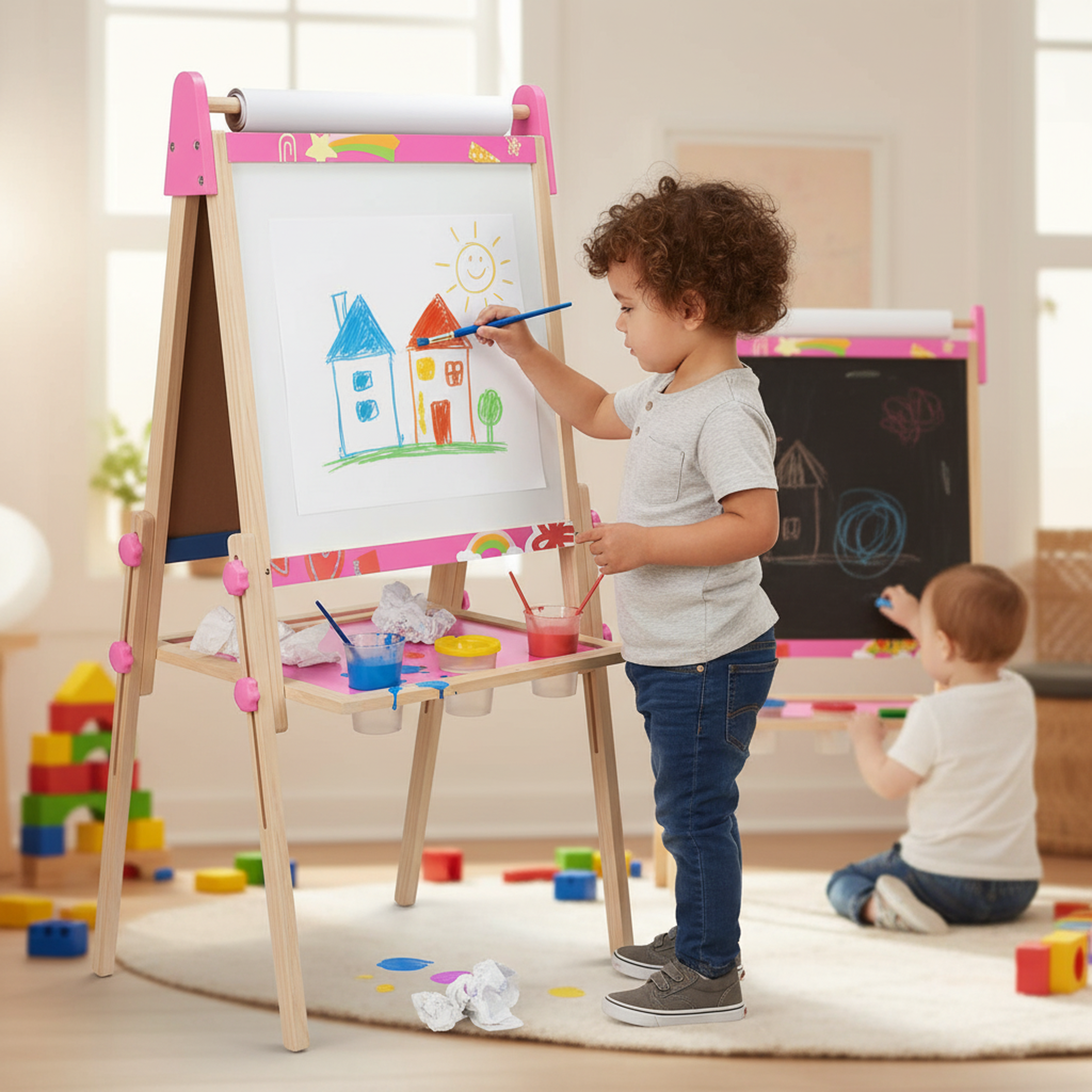 edx Kids Art Easel for 3+ Years Old, Adjustable Wooden Double-Sided Magnetic Chalkboard & Whiteboard with Paper Roll Holder, Toddler Drawing Easel Gift for Boys & Girls