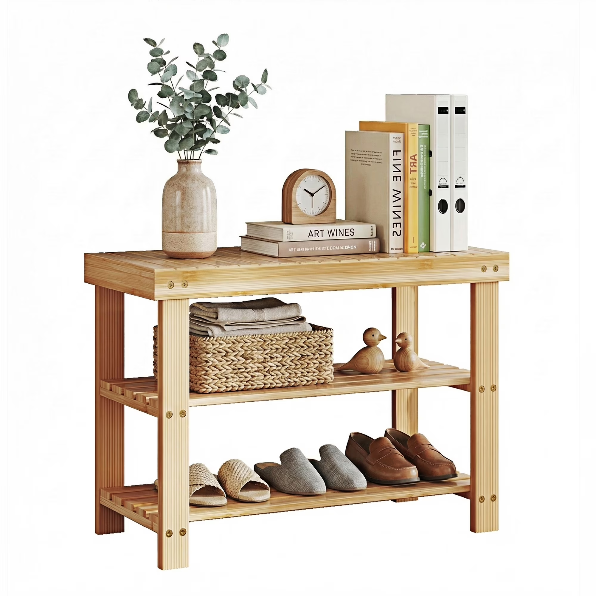 EDX 3 Tier Bamboo Shoe Rack Bench, Storage Seat Organizer with 286lb Capacity for Entryway, Bedroom and Living Room