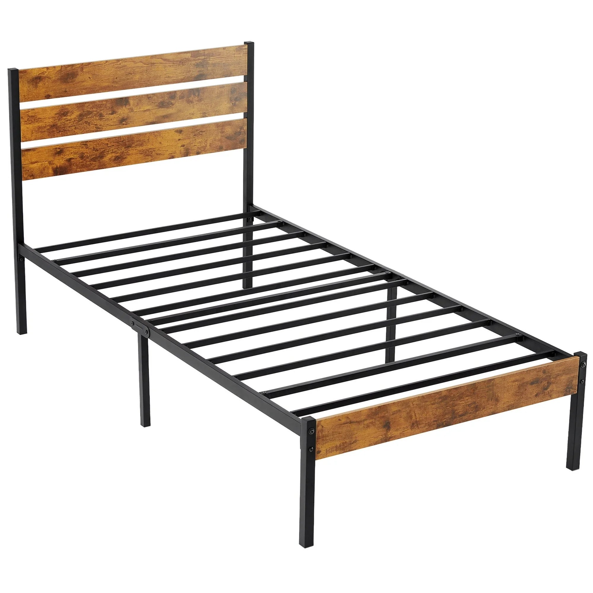edx Twin Size Metal Bed Frame with Wooden Headboard, Under Bed Storage, Noise-Free, No Box Spring Needed, Easy Assembly, Brown