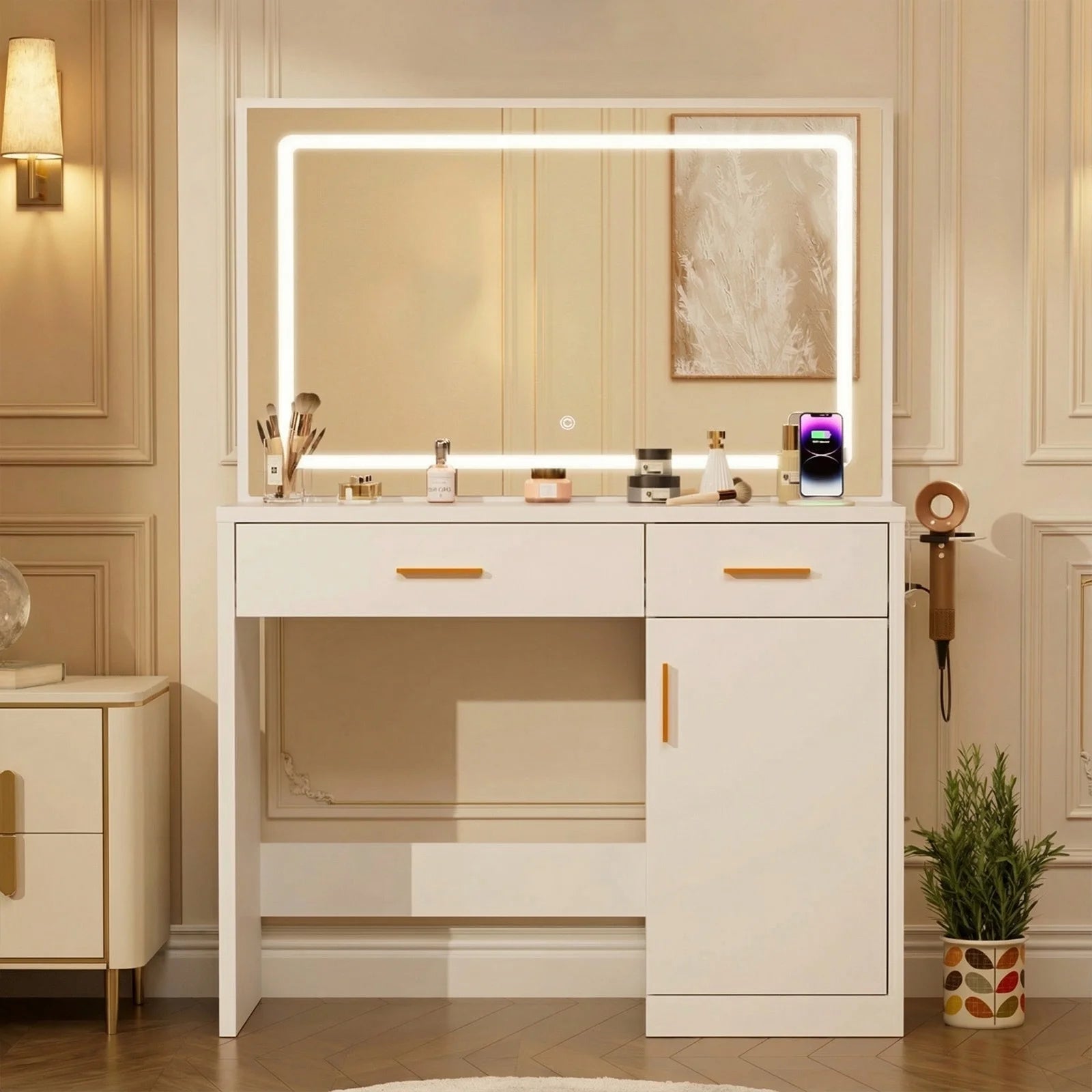 ZUNMOS Vanity Desk with Mirror and Lights, Makeup Vanity Table with Hair Dryer & Power Outlet, 2-Drawer Dressing Table for Bedroom,White