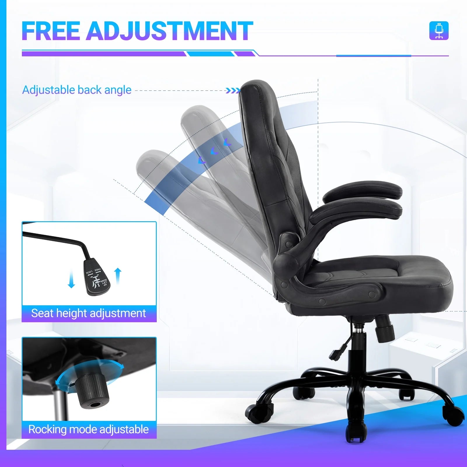 EDX Ergonomic Gaming Chair with PU Leather, Adjustable Swivel Computer & Office Desk Chair with Flip-Up Armrests, Black