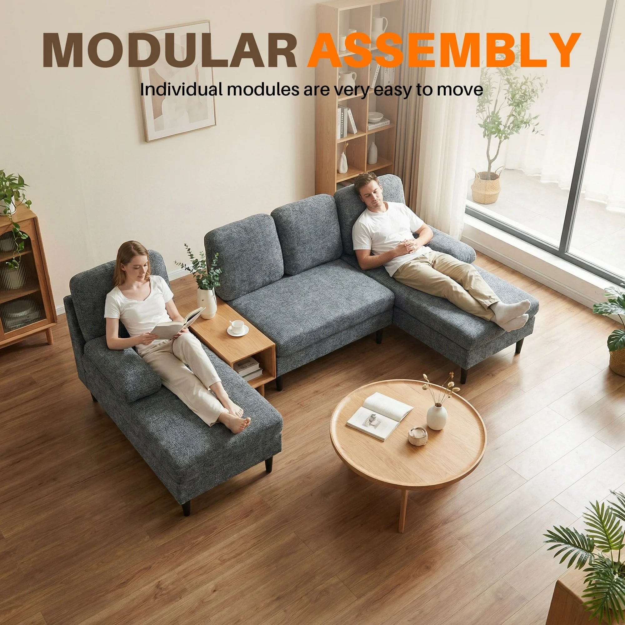 edx 6 Seat Sofa Couch for Living Room, Linen Fabric U-Shaped Sofa Bed with Removable Pillows for Home and Apartment