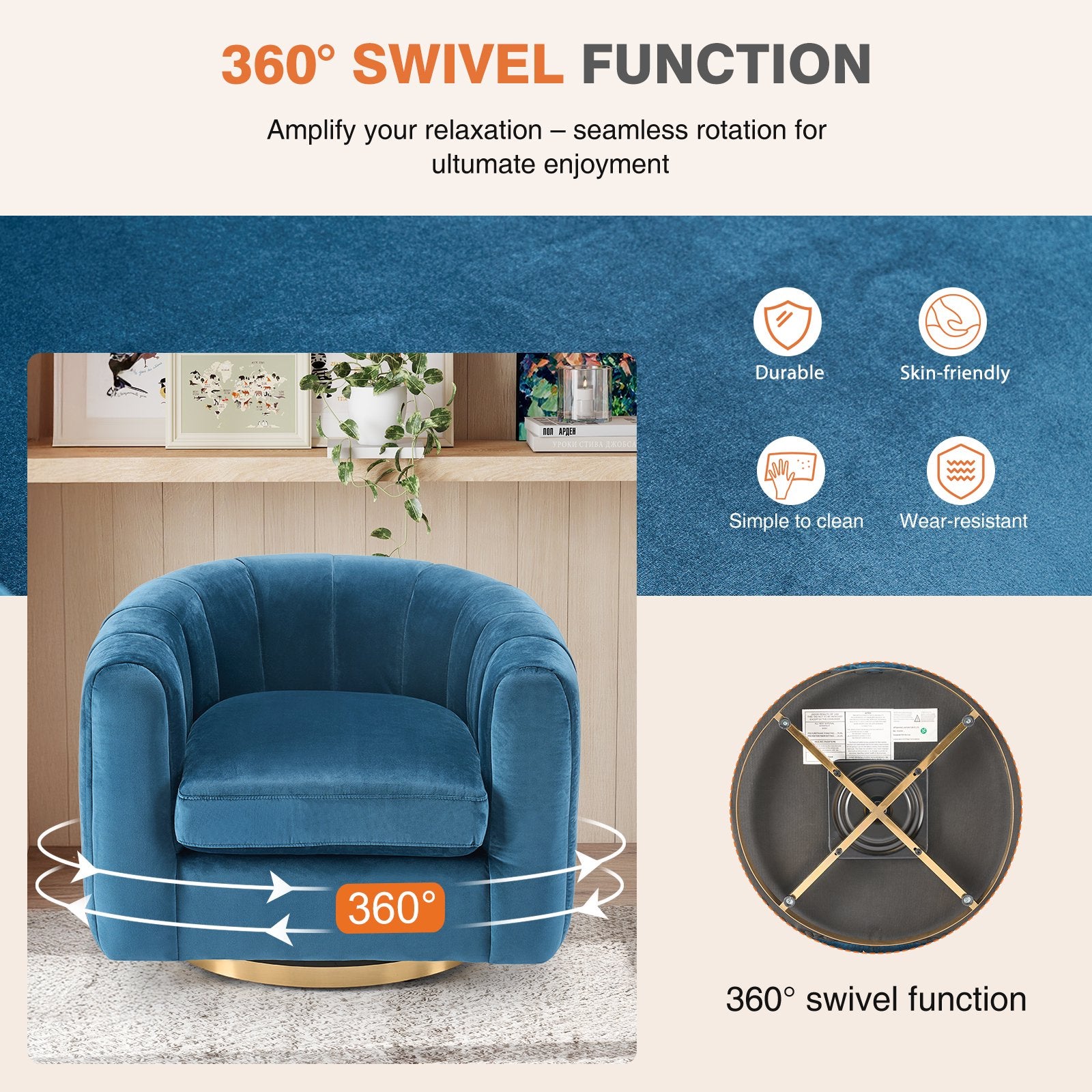 EDX Swivel Accent Chair, Reclining Velvet Barrel Chair