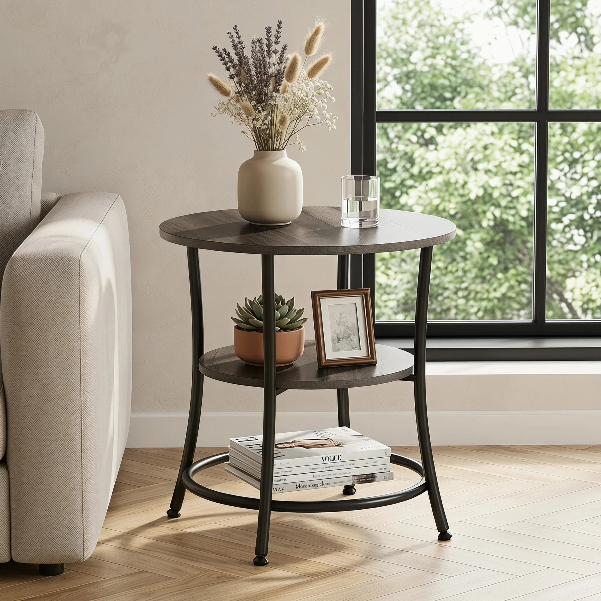 EDX 2-Tier Round Side Table Nightstand, 21.65" Diameter x 21.85" H, Steel Frame with Grey Wood Grain, for Small Living Room & Bedroom Spaces