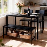 edx Dining Table and 2 Chairs for 4, Dining Bench with Metal Frame & Storage Rack, Space-Saving Ideal 4-Person Kitchen Table Set for Dinette, Small Space, Apartment, Restaurant