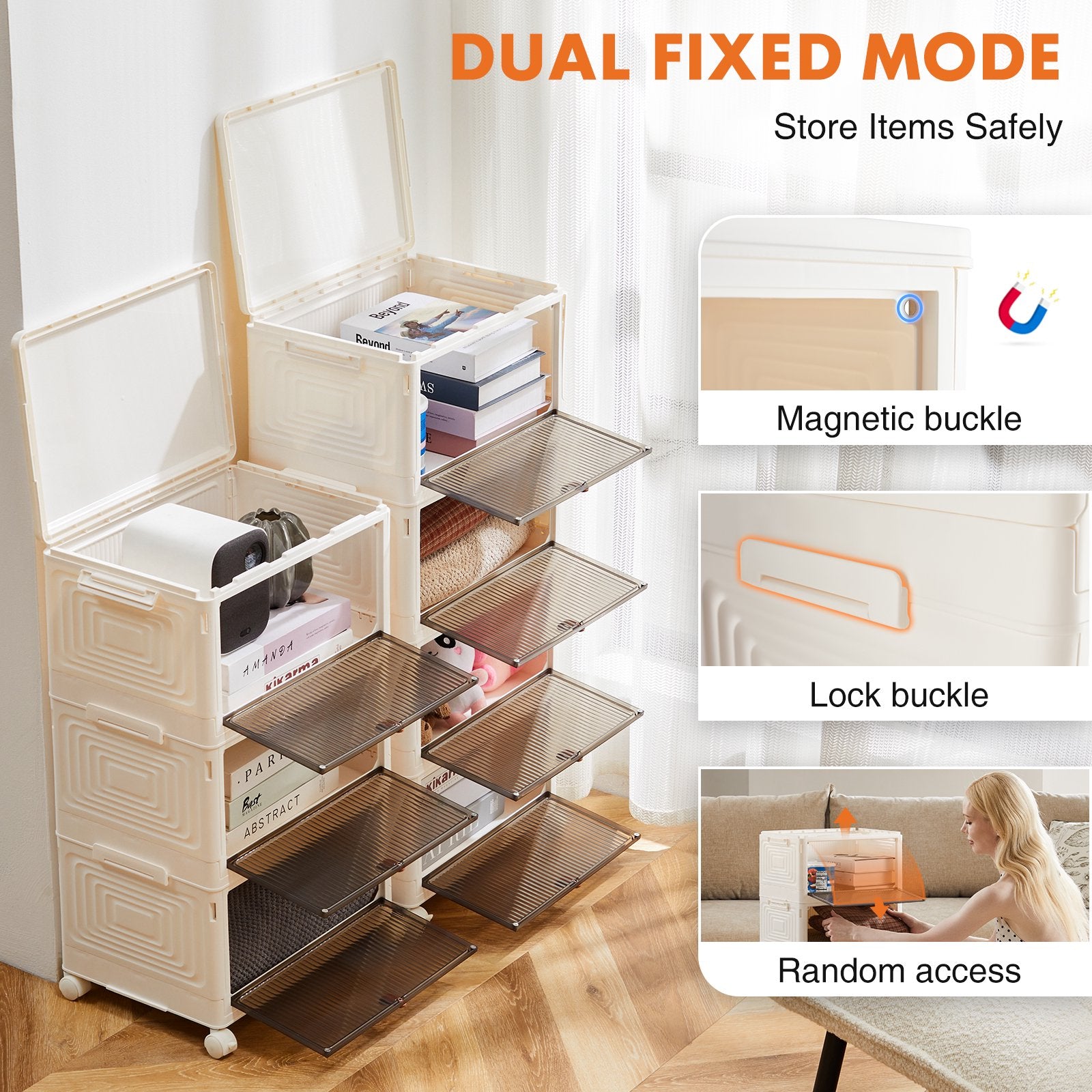 Stackable Storage Bins with Lids and Wheels, 23QT, 3 Pack, Collapsible Foldable Plastic Closet Organizer with Magnetic Doors