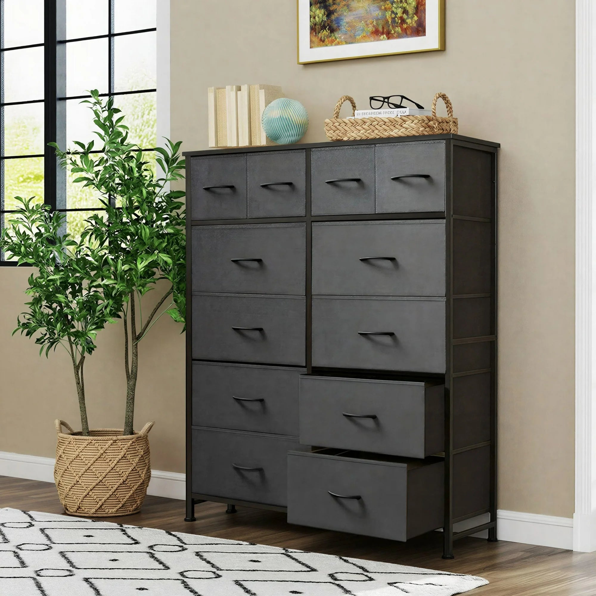 edx Tall Dresser with 12 Drawers, Steel Frame and Wood Top, Storage Organizer for Living Room, Hallway, Office