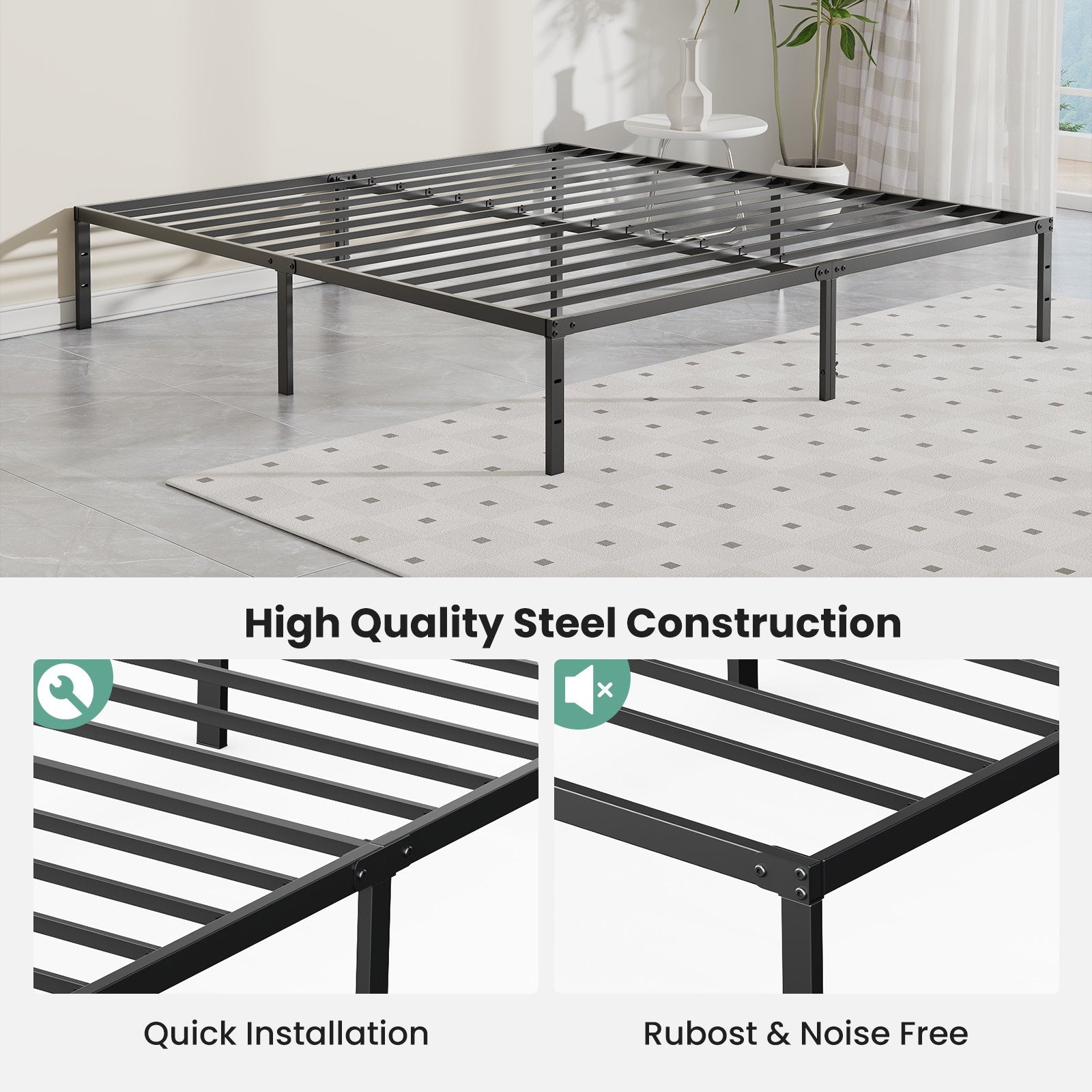 EDX 12 Inch Metal Platform Bed Frame with Steel Slats, No Box Spring Needed, Noise Free, Easy Assembly