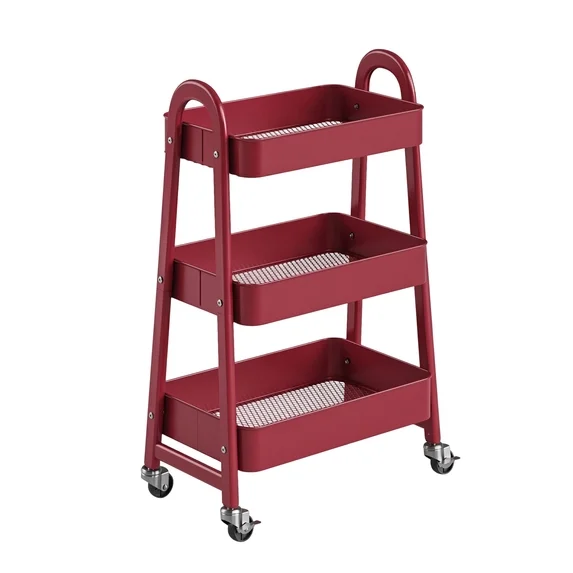 3 Tier Rolling Cart, Metal Utility Storage Cart with Lockable Wheels for Livingroom, Bathroom, Kitchen & Narrow Spaces