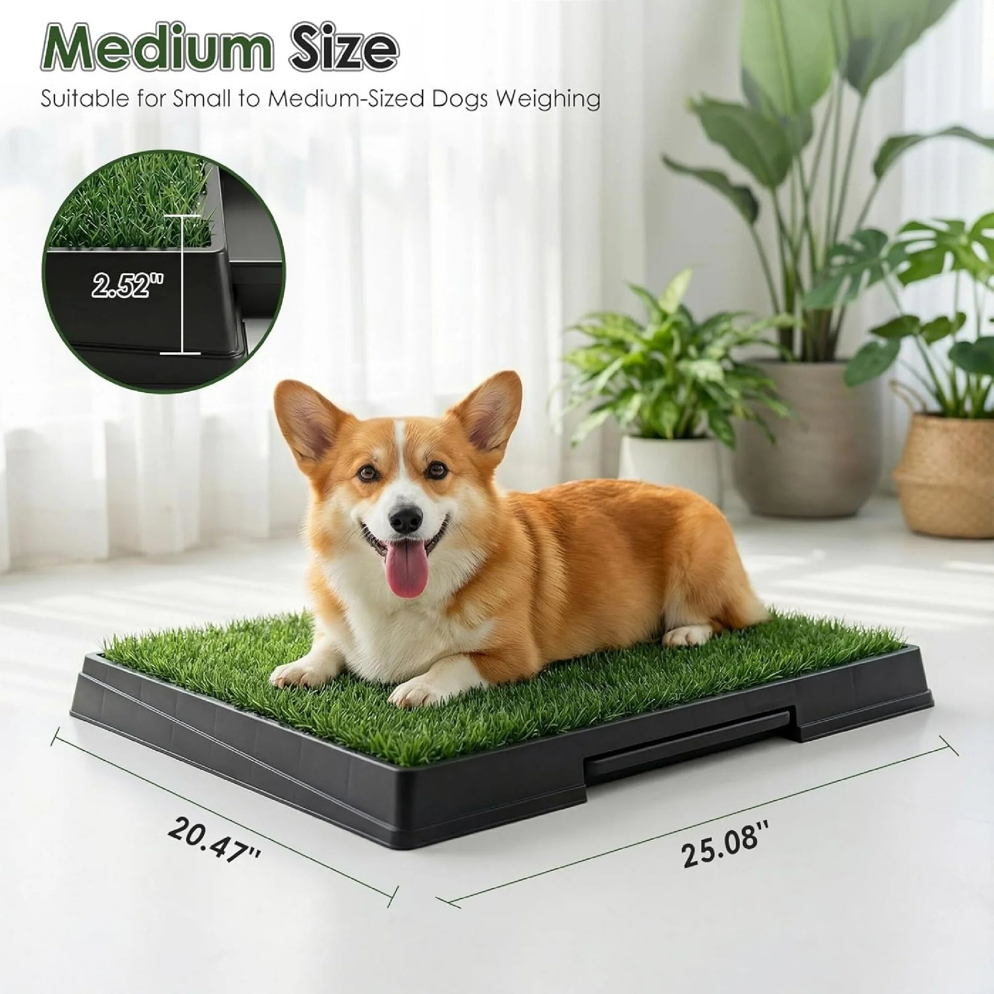 edx Dog Grass Pad with Tray, 25" x 20" Artificial Turf Grass Potty, Reusable Puppy Pee Pads for Dogs, Portable, Easy Clean with Drainage Holes, For Indoor/Outdoor Potty Training Toilet, Green & Black