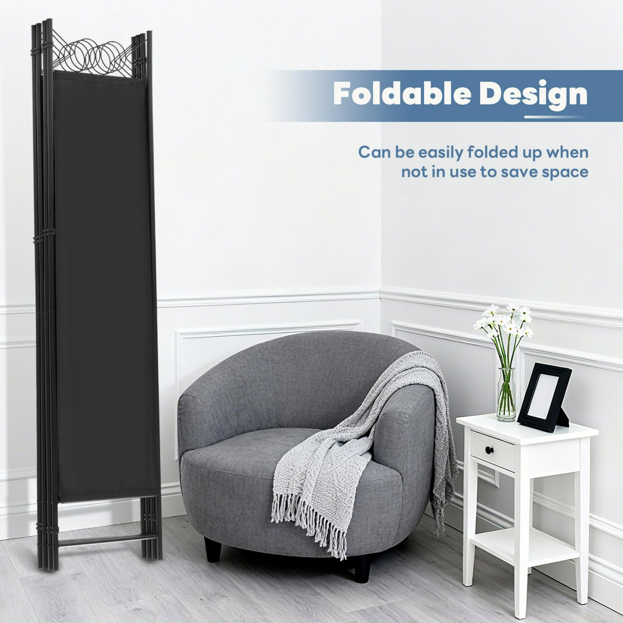 EDX 4 Panel Partition Room Divider, 6 Ft Tall Folding Privacy Screen with Steel Frame, Freestanding, Easy Move & Storage, For Home, Office, Bedroom, Black