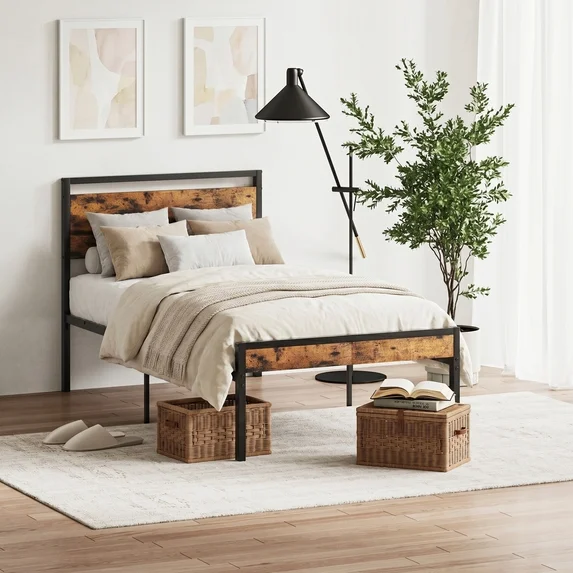 edx Bed Frame, Heavy Duty Metal Platform Bed with Wooden Headboard, 1000-LB Capacity, Under-Bed Storage, No Box Spring Needed