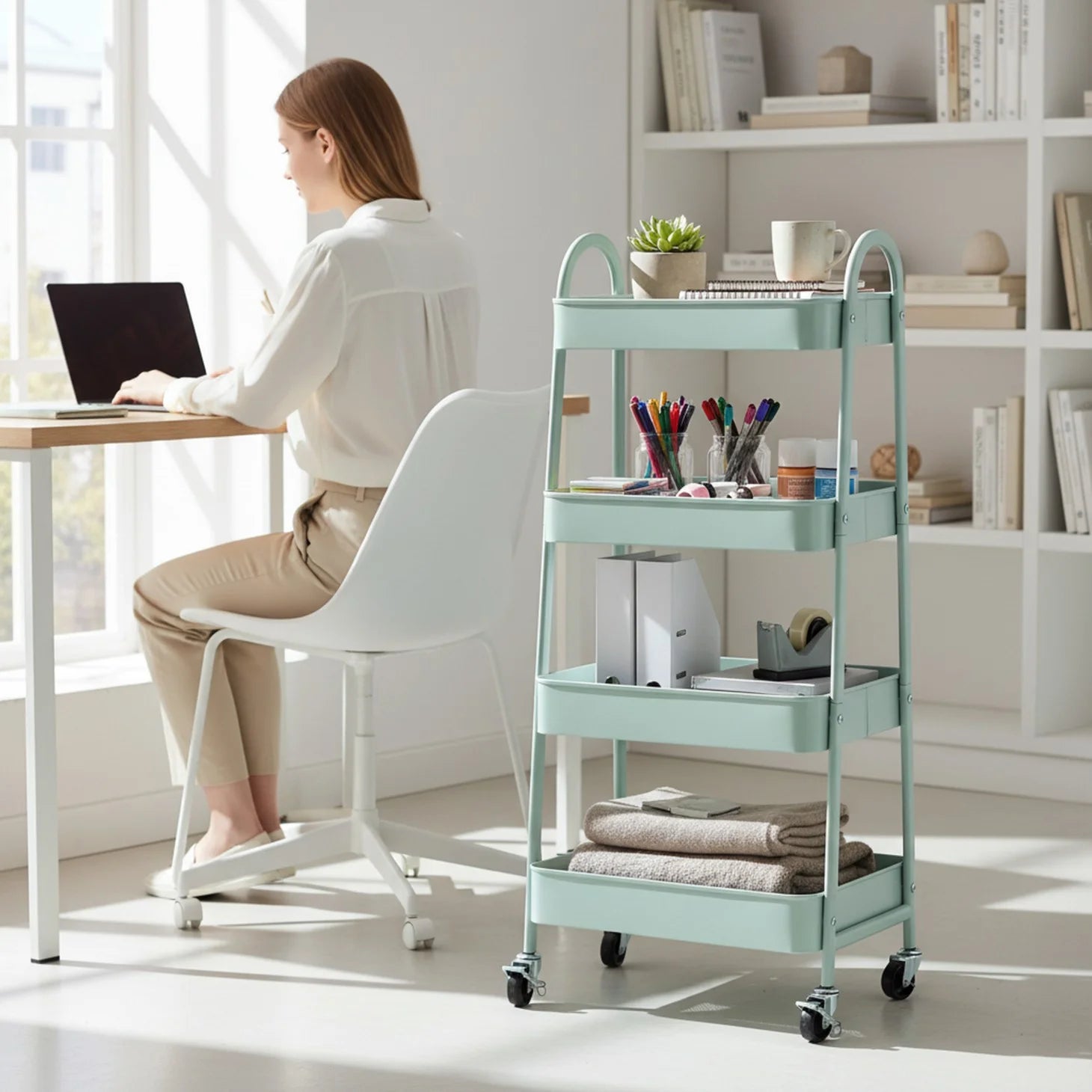 EDX 4-Tier Rolling Cart, 132 lbs Metal Utility Cart Storage Organizer with Lockable Casters, Multi-Functional Mesh Rolling Storage Cart for Kitchen Office