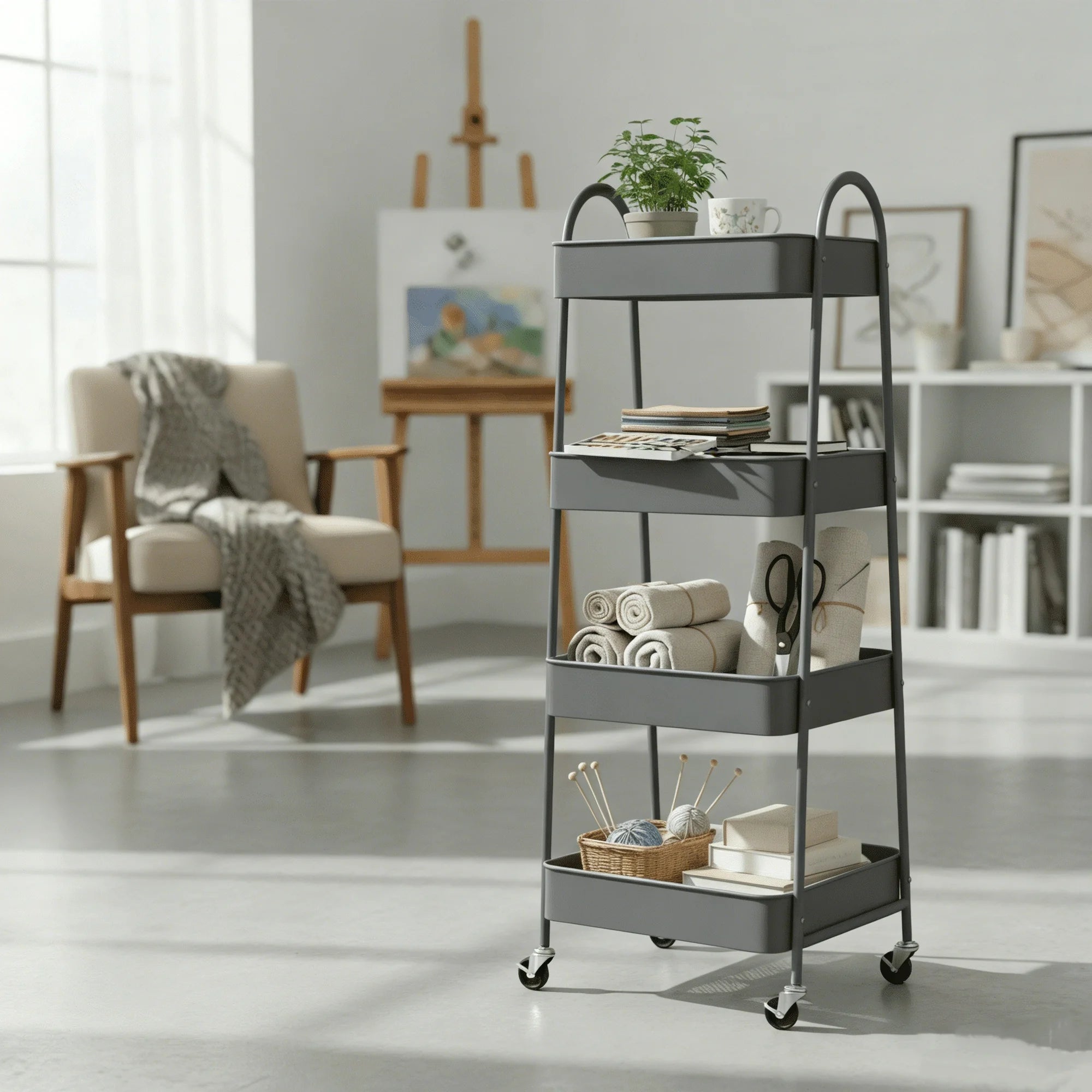 EDX 4-Tier Rolling Cart, 132 lbs Metal Utility Cart Storage Organizer with Lockable Casters, Multi-Functional Mesh Rolling Storage Cart for Kitchen Office