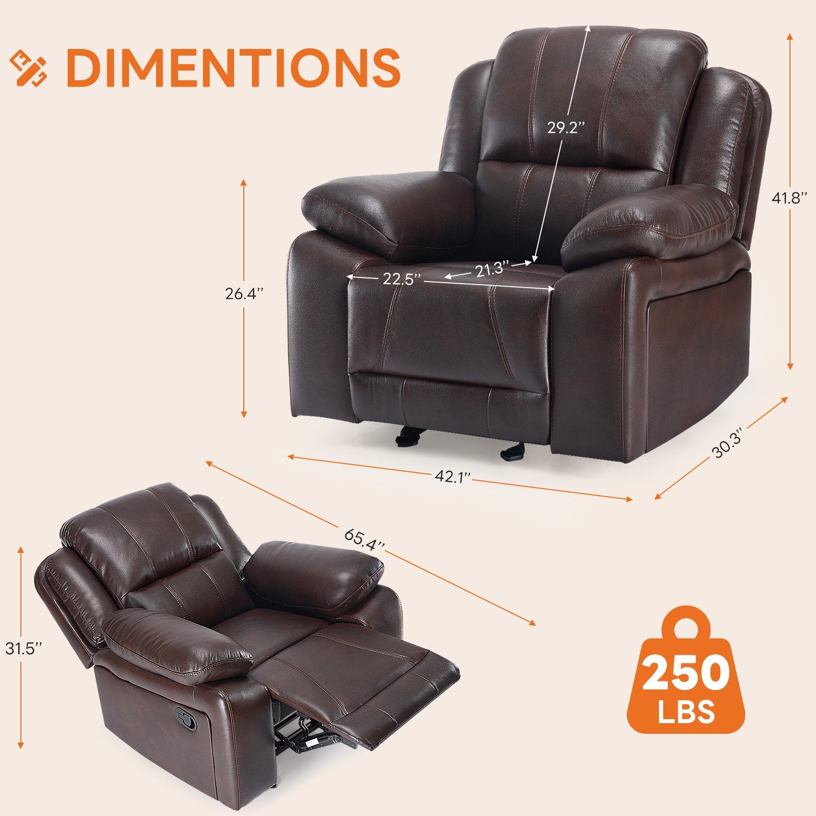EDX Breathable Vegan Leather Recliner Chair, Lay Flat Recliner For The Elderly, Recliner Sofa for Living Room Home Theater Seating