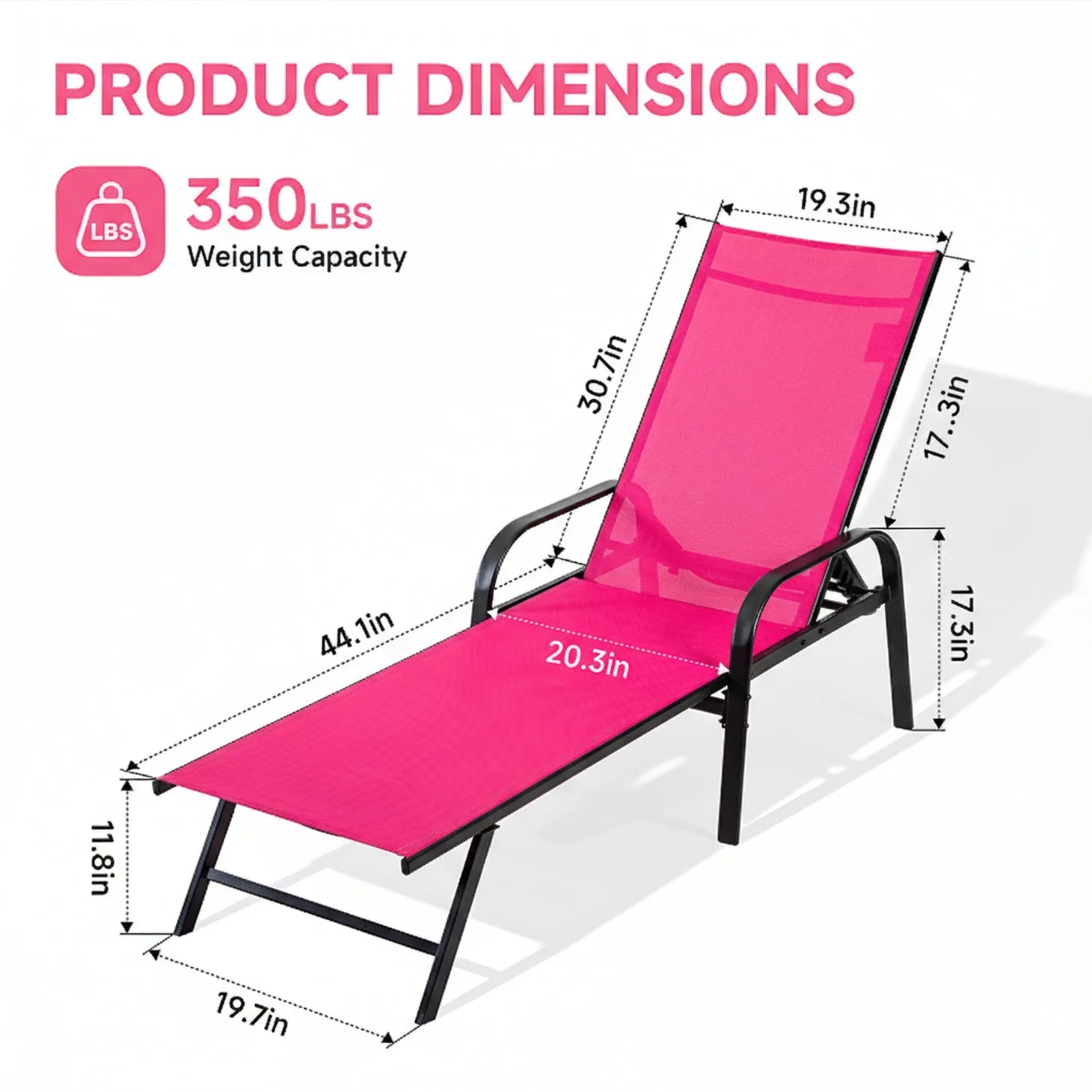 EDX Park Steel Stacking Chaise Lounge Chair for Outdoor Patio, Pink