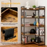 EDX 65 inch L Shaped Corner Bookshelf, 5 Tier l Bookcase with Open Storage Shelves,Industrial Wooden Bookcase with Metal Frame for Home Office, Living Room, Bedroom, Rustic Brown