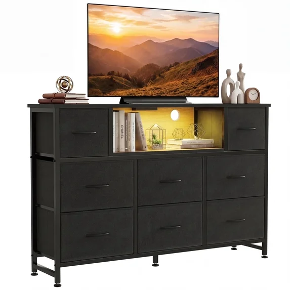edx TV Stand with 8 Fabric Drawers, Open Shelves & LED & Power Outlets for Bedroom, Living Room, Entryway, Wood Top