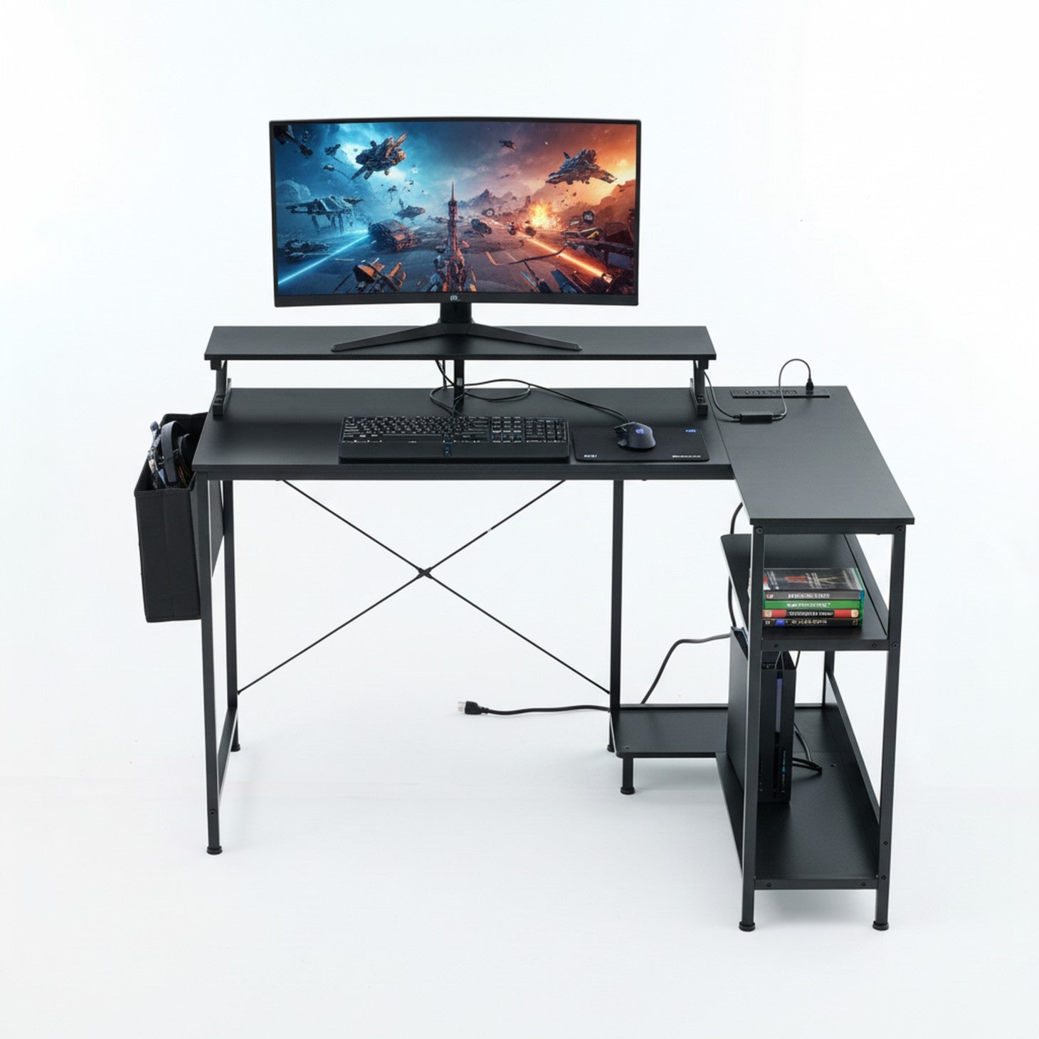 Edx L-Shaped Gaming Desk with USB-C Charging Ports, Smart LED Lights, 3 Storage Shelves & Monitor Stand Electric Corner Computer Desk for Home Office