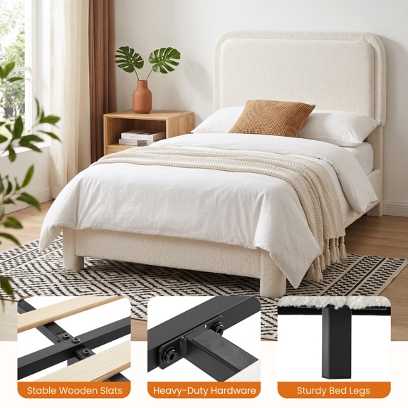edx Platform Bed Frame with 2-Height Adjustable Teddy Fleece Upholstered Headboard and Wooden Slats Support, No Box Spring Needed, Easy Assembly, Modern Bedroom Furniture, Beige