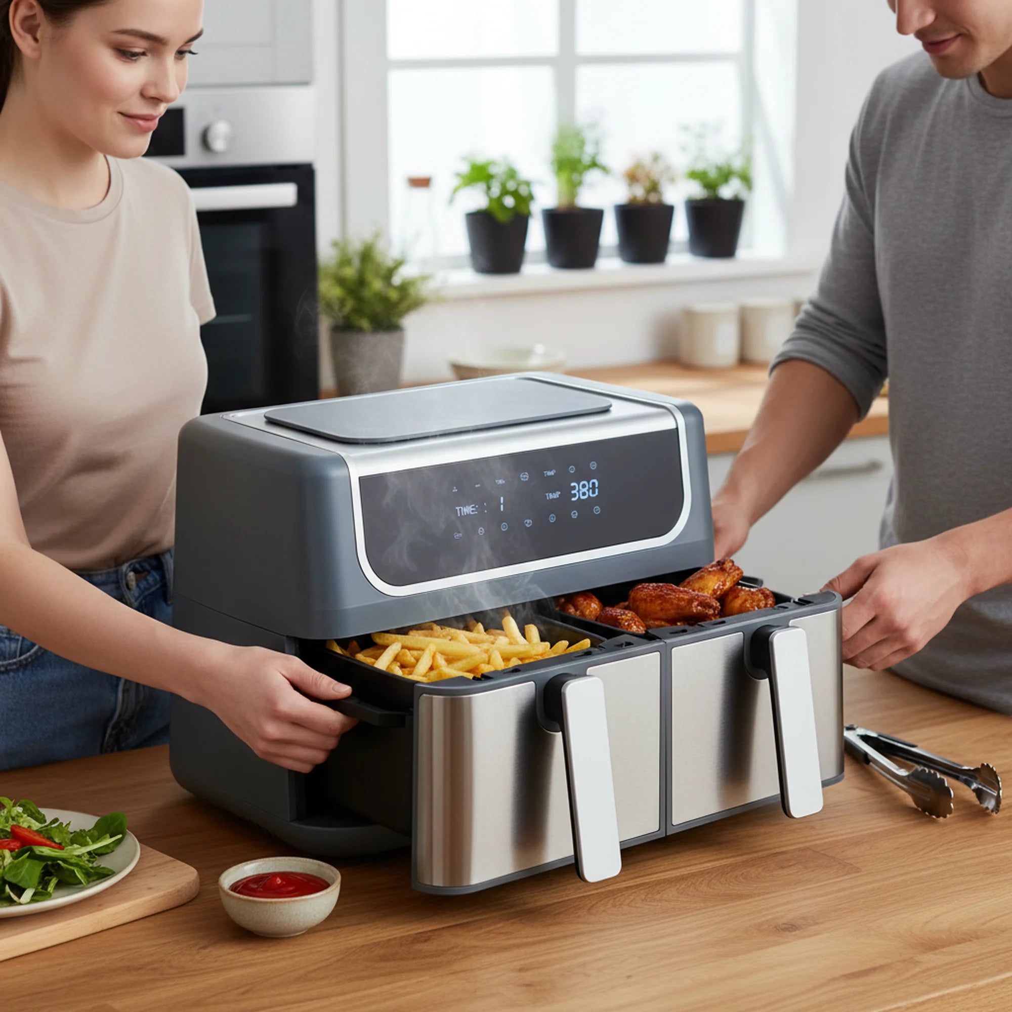 EDX 9QT Dual Basket Stainless Steel Air Fryer with Digital Sync & Match Cook, 1700W, 10 Presets, 2 Independent Cooking Zones, Shake Reminder