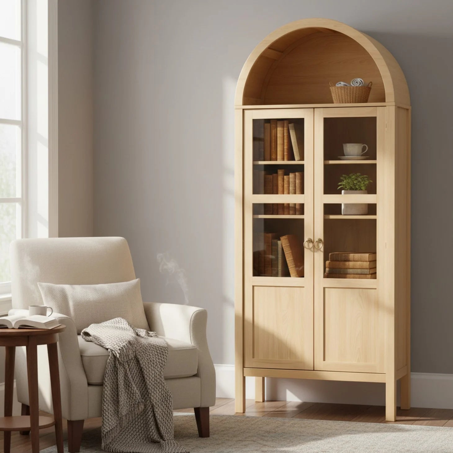 EDX 71" Wood Tall Storage Display Cabinet with Rounded Arched Top in Oak, 2 Doors