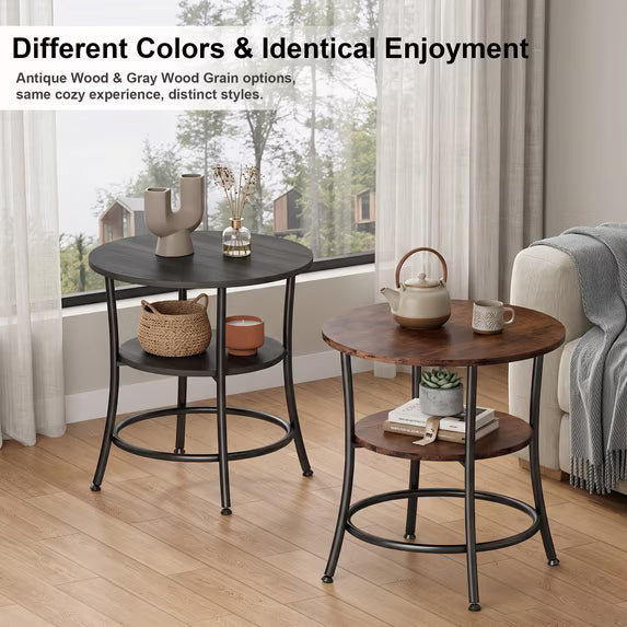 edx Set of 2 2‑Tier Round Side Table Nightstand, Steel Frame, Wood Grain for Living Room & Bedroom Small Spaces