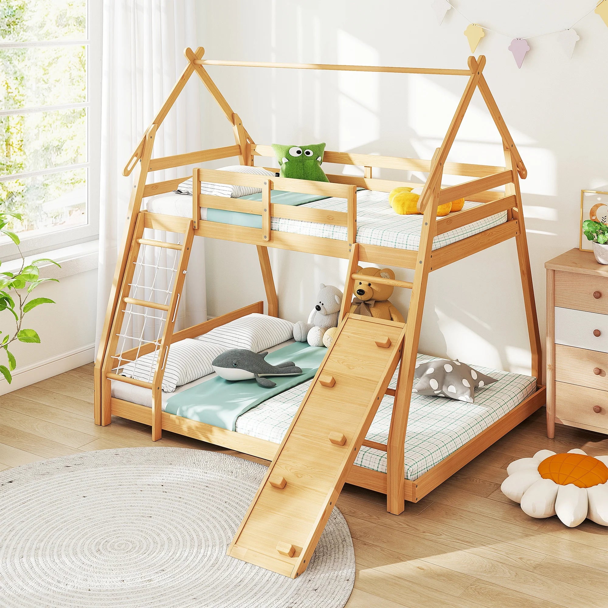 EDX Twin Over Full Bunk Bed, House Bed with Climbing Nets and Climbing Ramp, Wood Bunk Bed with Roof, Low Bunk Bed Frame with Safety Guardrails and Ladder,for bedroom ,Wood color