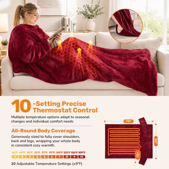 EDX Wearable Heated Blanket 70"x 50", Flannel Sherpa,Sleeves & Foot Pocket, 1-9H Auto Shut-Off, Overheat Protection, Machine Washable, Gift for Family