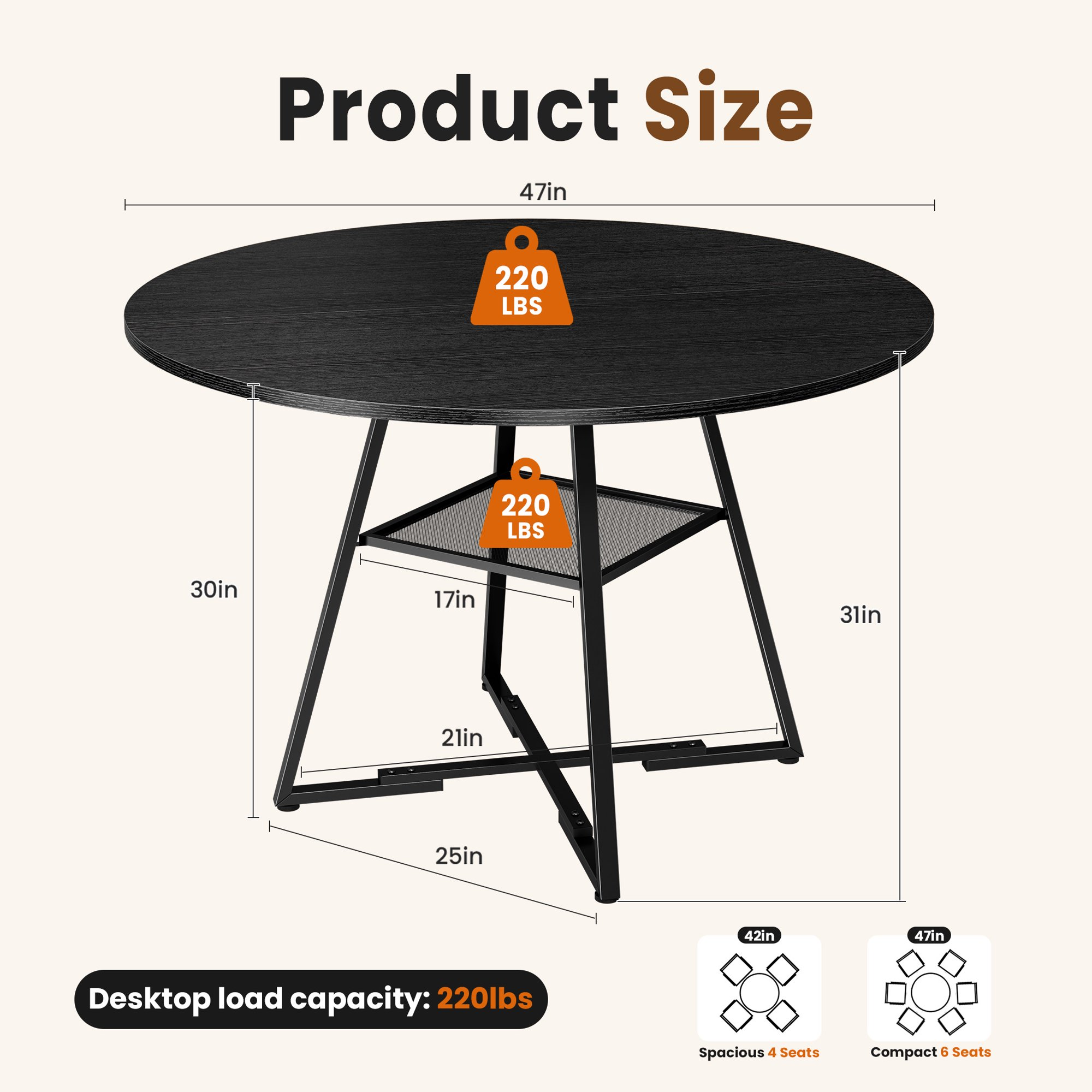 Round Dining Table for 4-6,&nbsp;Circle Kitchen Table with&nbsp;Pedestal Metal Frame Storage, Space Saving Farmhouse Wood Kitchen Table, for Kitchen, Living Room