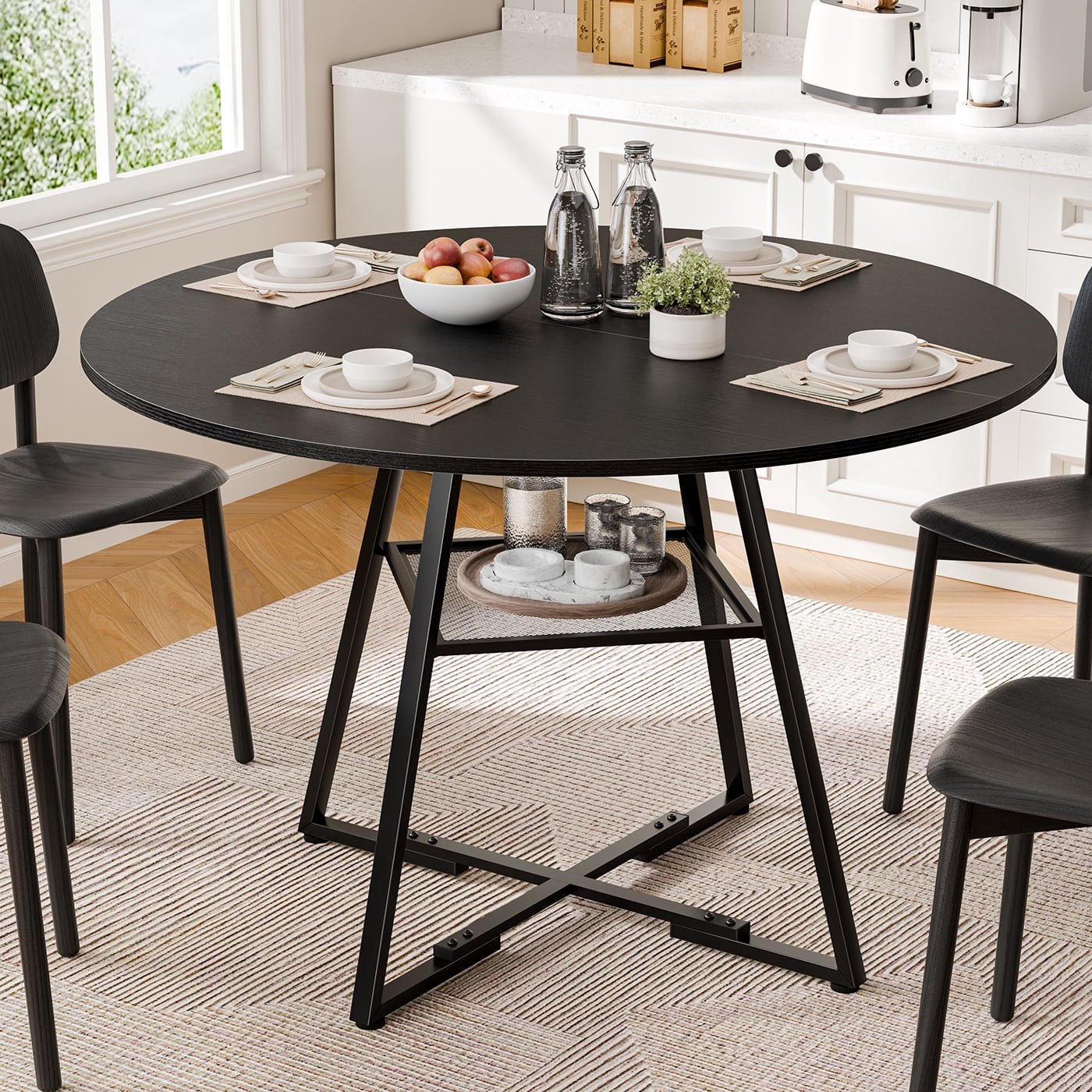 Round Dining Table for 4-6,&nbsp;Circle Kitchen Table with&nbsp;Pedestal Metal Frame Storage, Space Saving Farmhouse Wood Kitchen Table, for Kitchen, Living Room