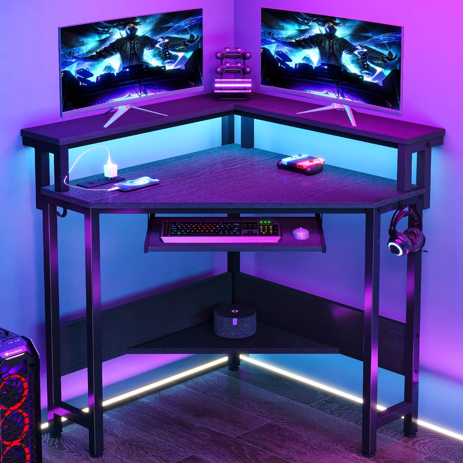 EDX Corner Office Gaming Desk 31 Inches L-Shaped Computer Desk with Charging Hub & Ergonomic Stand for Small Spaces