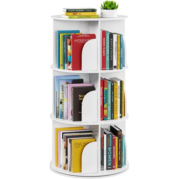 EDX Rotating Bookshelf Tower, Revolving 360 Book Shelf Storage Round Carousel, Vertical Rotate Turning Spiral Corner Organizer, White