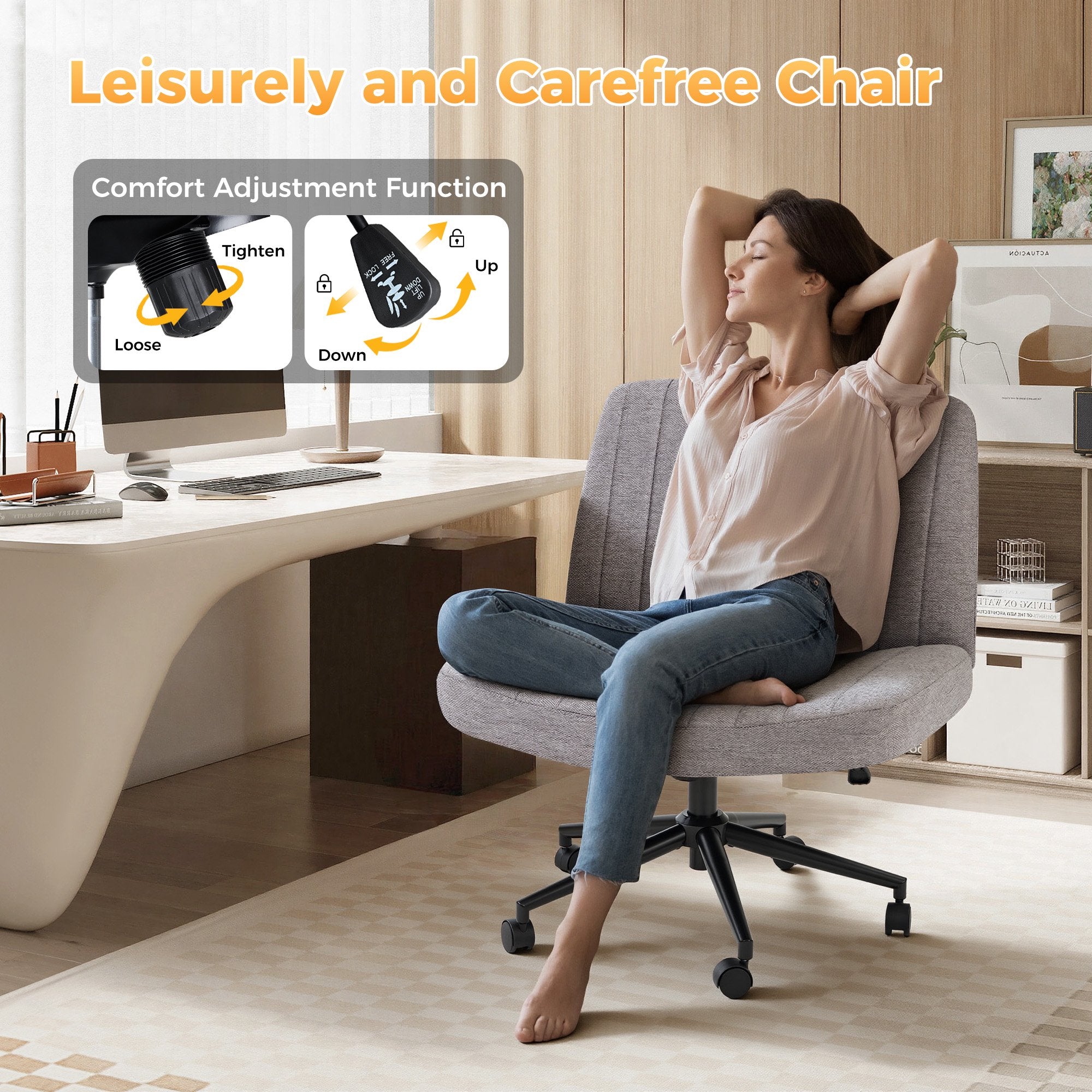 EDX Office Chair Criss Cross Legged Chair with Wheels, Comfy Home Vanity Task Computer Chair