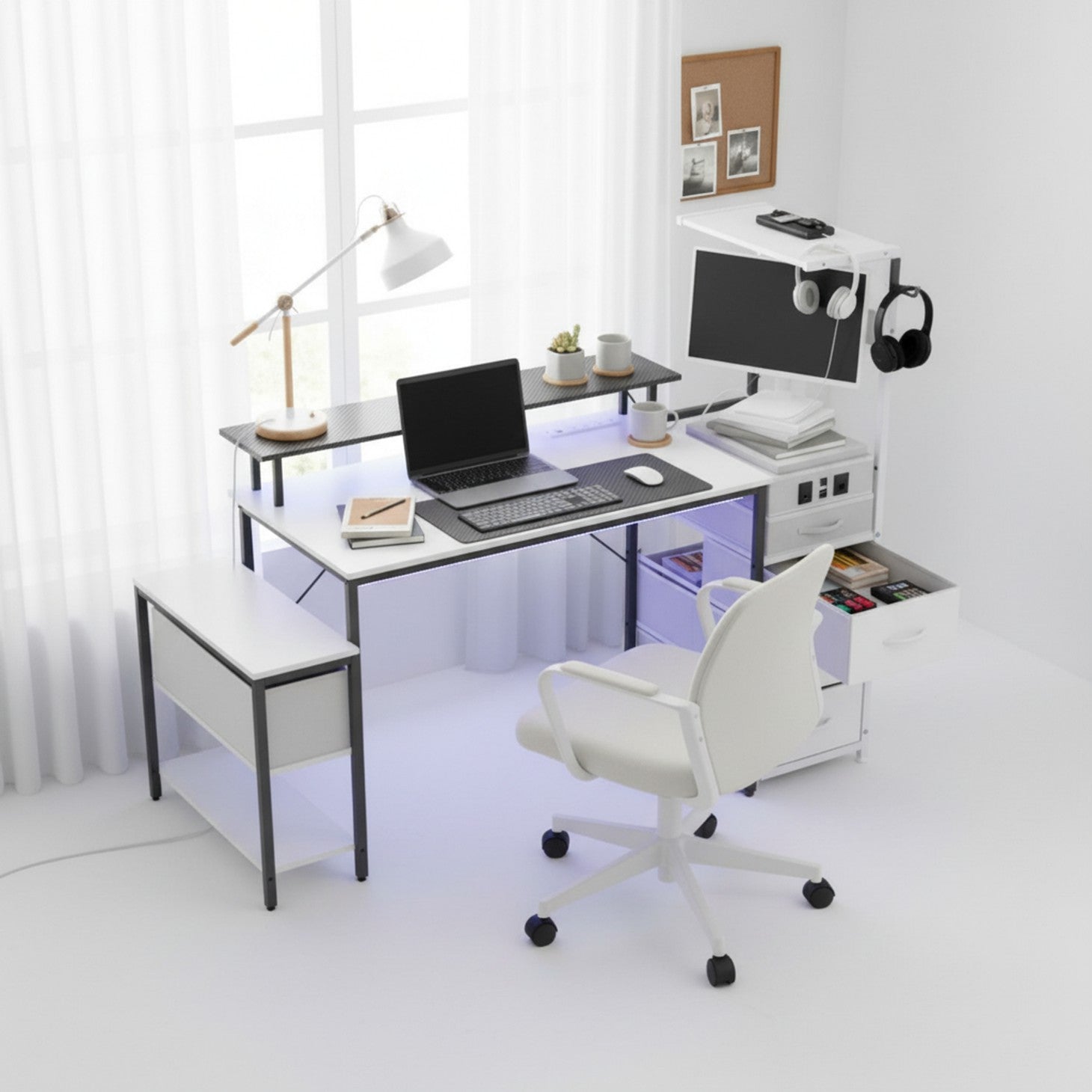 Edx Gaming Desk with Hutch & 3 Fabric Drawers, Computer Desk with USB Ports & LED Lights, Reversible Pc Gamer Table with Monitor Stand for Home Office