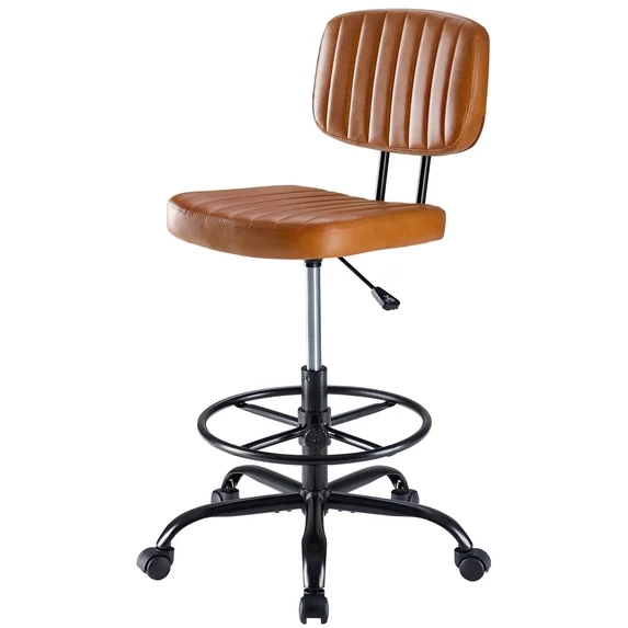 edx Adjustable Height & Foot Rest Office Desk Chairs with Backrest, PU Leather Modern Rolling Stool with Wheels 360°Swivel Task Chair for Home Office Bar Kitchen Shop