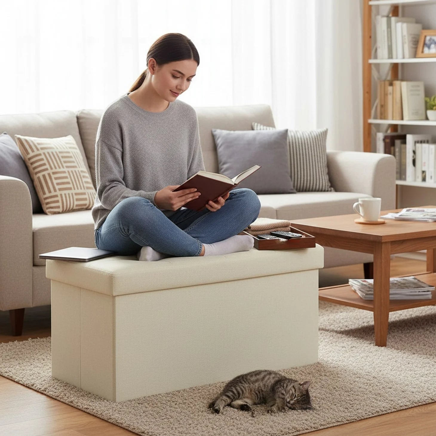 EDX Multi-functional Folding Storage Ottoman Bench, End of Bed Foot Rest Stool with Padded Seat, Bedroom Bench for Living Room, Holds up to 660 Lbs