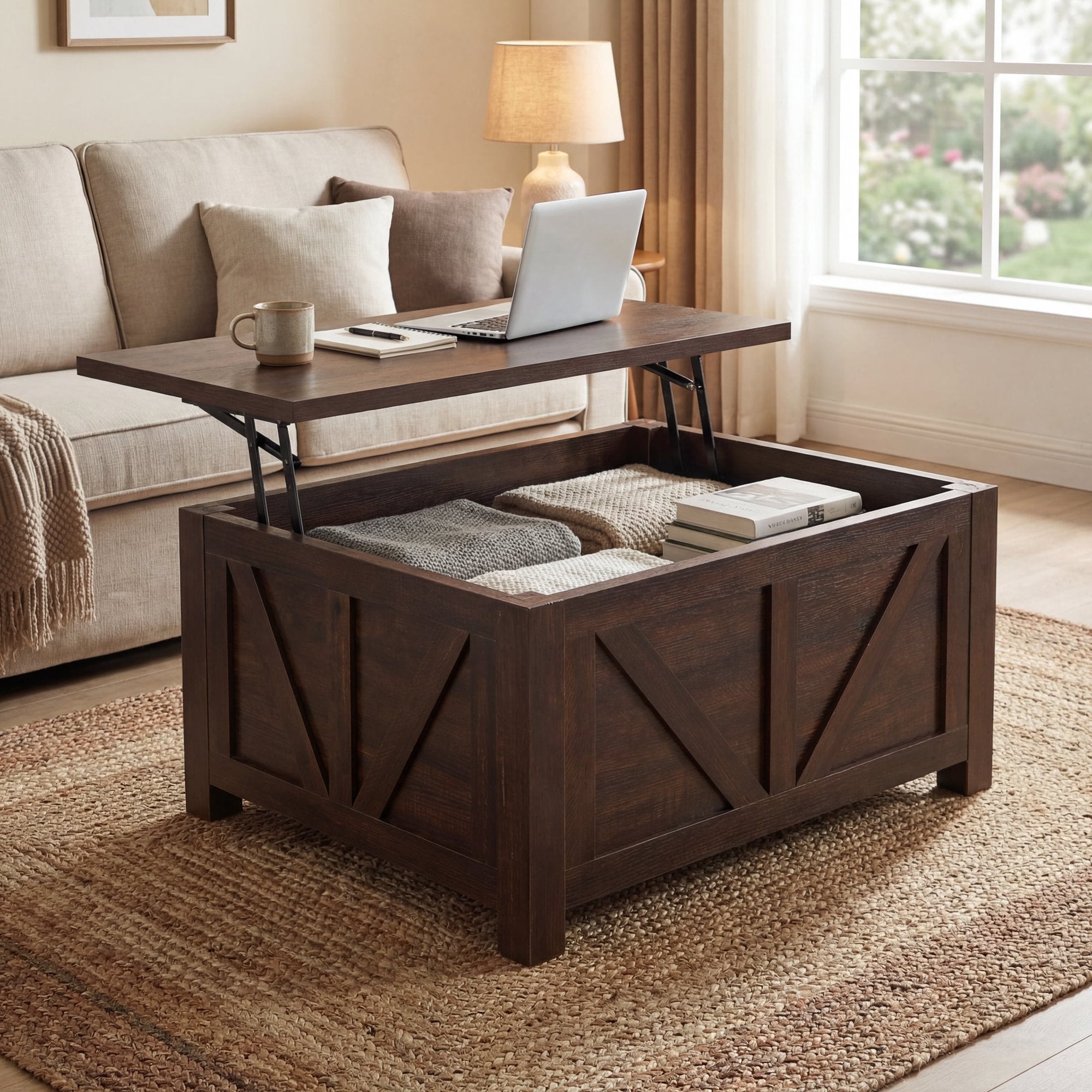 EDX 35.6" Lift Top Coffee Table with Large Hidden Storage Compartment and Adjustable Shelves, Farmhouse Wood Square Center Wood Table with Charging Station&USB Port for Home Office