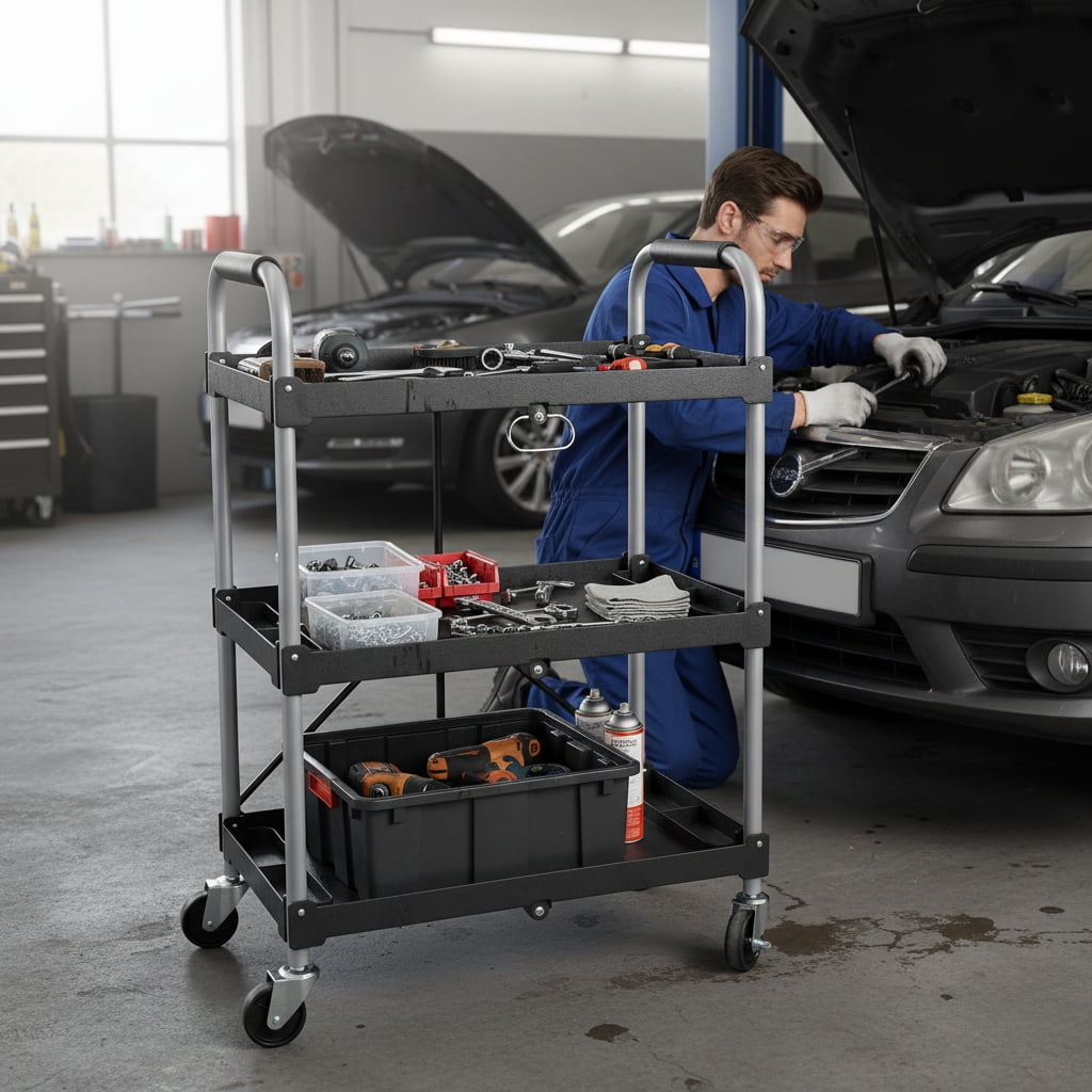 EDX 3-Tier Portable Utility Cart with Wheels, Heavy Duty Collapsible Cart for Home, Office, and Storage, 33 lbs per Shelf,Black