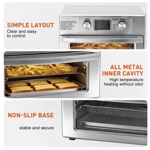 EDX 22L 1800W Electric Air Fryer Oven, 120V, 6 Stainless Steel Heating Elements, 450°F, 60-Minute Timer Control