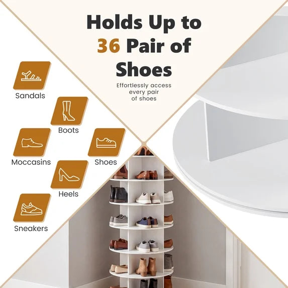 EDX PVC Rotating Shoe Rack Tower, 360-Degree Carousel Organizer for Entryway, Bedroom or Closet, White