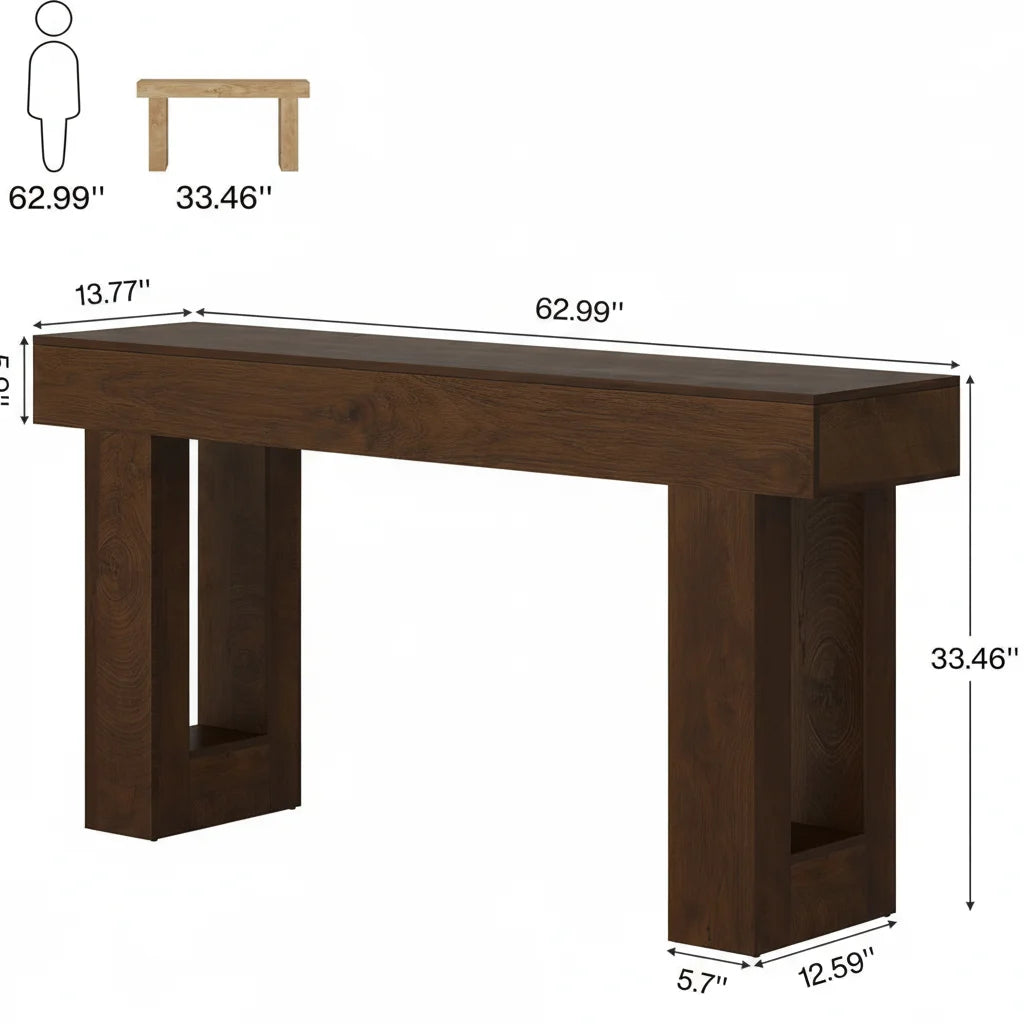 EDX 63 inch Solid Wood Farmhouse Console - Rectangular Sofa Back Design, Multi-Purpose Storage for Entryway Hallway Living Room