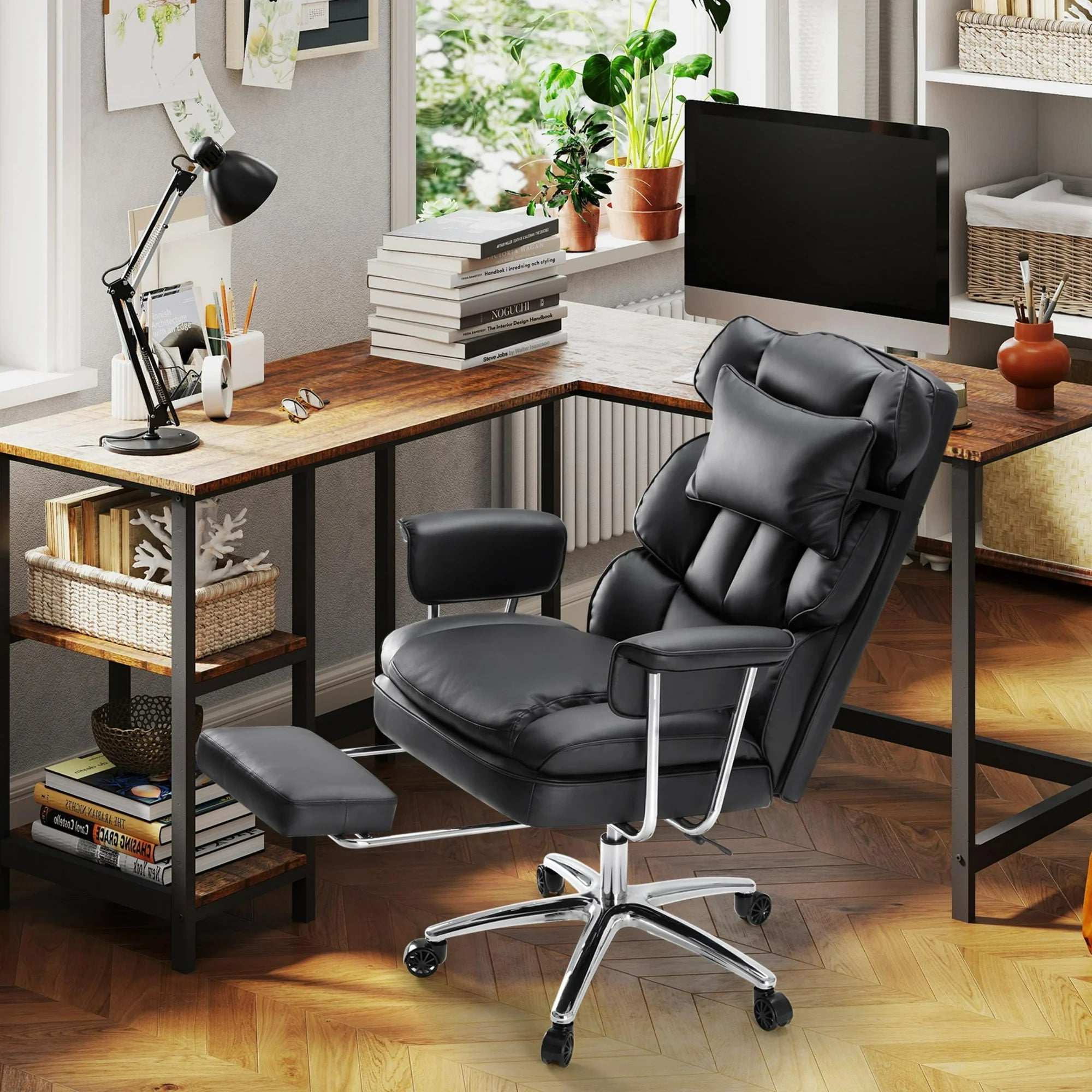 edx Executive Home Office Desk Chair, Ergonomic Big Tall High Back with Footrest & Lumbar Support, Reclining Comfy PU Leather Computer Gaming Chair with Swivel Wheels, Height Adjustable
