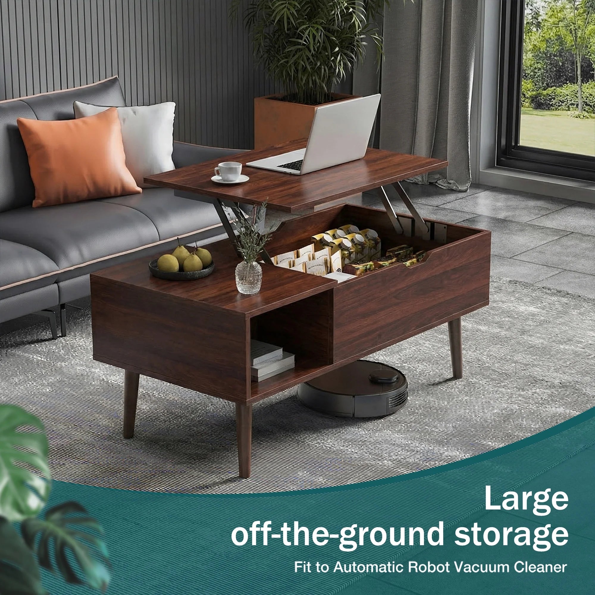 edx Wooden Lift Top Coffee Table with Hidden Compartments and Adjustable Shelves - Ideal for Small Homes, Apartments, Reception Rooms