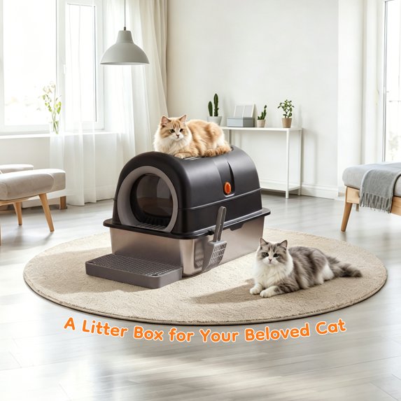EDX Stainless Steel Litter Box with Lid, All-in-One Enclosed Cat Box, Dual Entry, Odor Control, Scoop & Step Board for Various Cats, XL Litter Pan