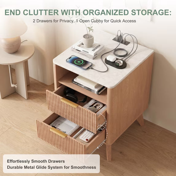 edx Nightstand with Charging Station, Modern Bedside Table, 2 Drawers & Open Shelf, for Bedroom, Office and Small Spaces, Accent Night Stand with Easy Assembly, Natural Wood